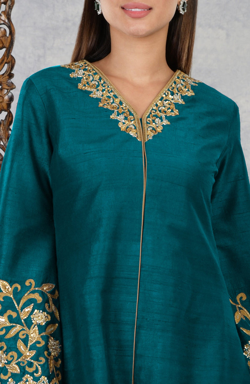 Deep Teal Raw Silk Hand Embroidered Jacket