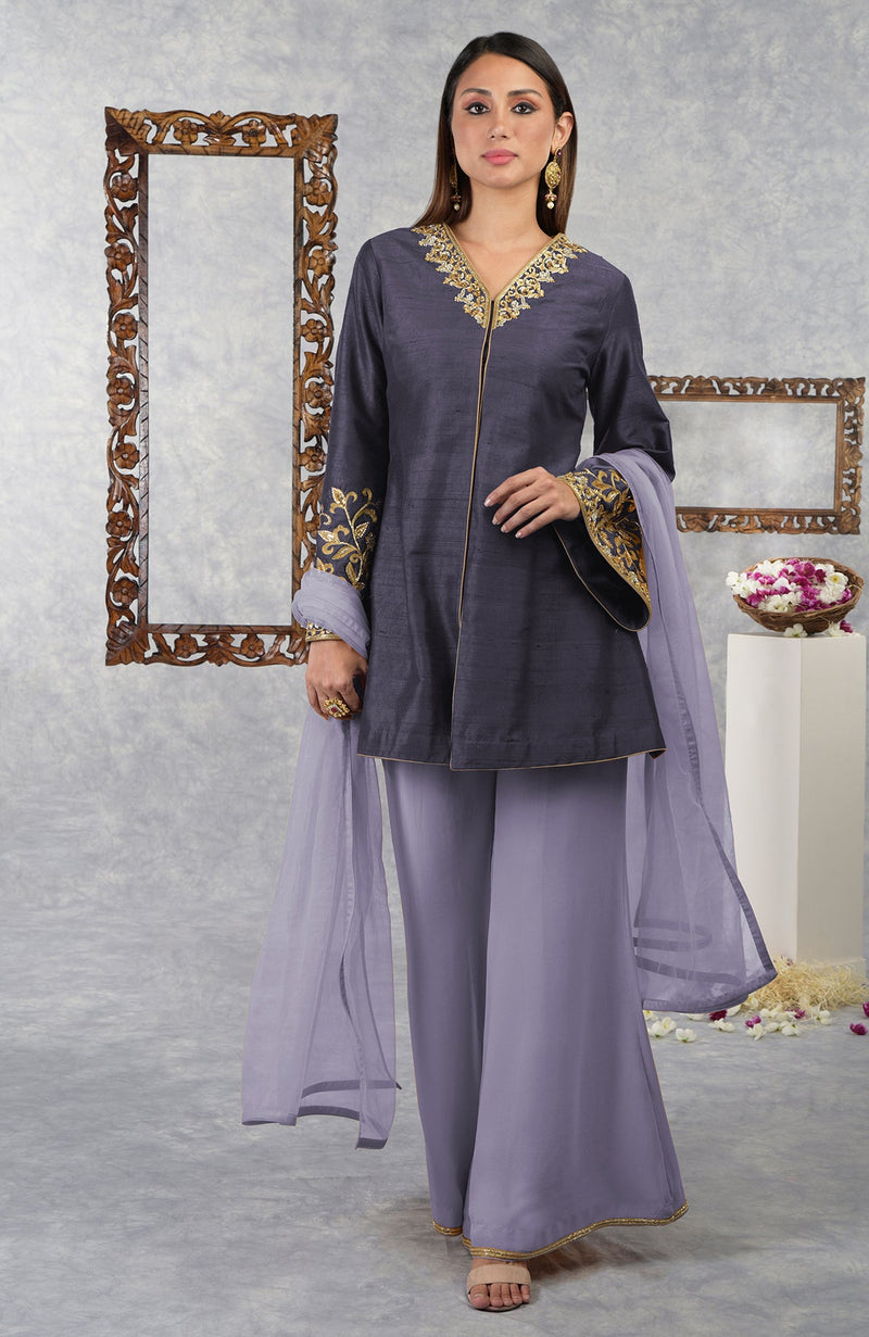 Mood Indigo- Honey Yellow Raw Silk Hand Embroidered Jacket Set With Dupatta