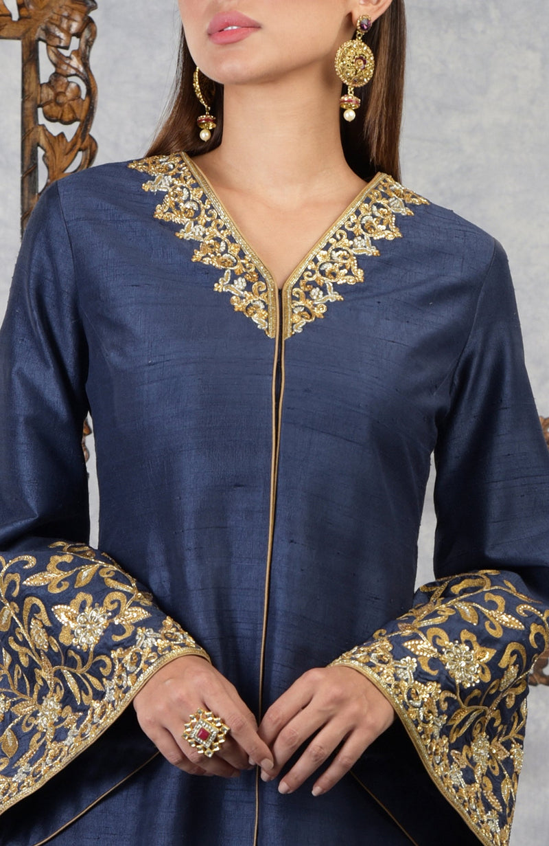 Mood Indigo- Honey Yellow Raw Silk Hand Embroidered Jacket Set With Dupatta