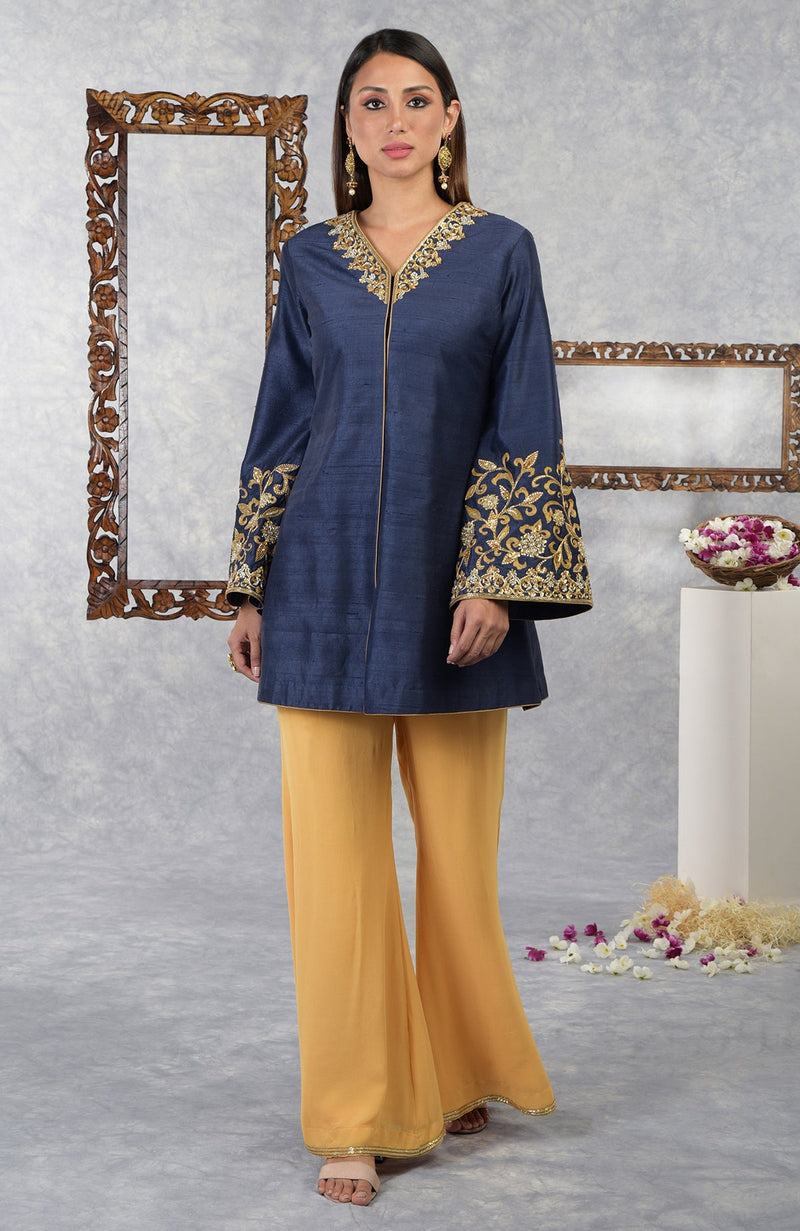 Mood Indigo- Honey Yellow Raw Silk Hand Embroidered Jacket Set With Dupatta