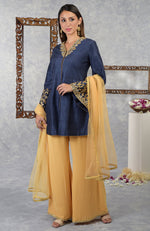 Mood Indigo- Honey Yellow Raw Silk Hand Embroidered Jacket Set With Dupatta