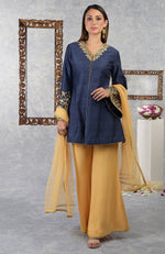 Mood Indigo- Honey Yellow Raw Silk Hand Embroidered Jacket Set With Dupatta