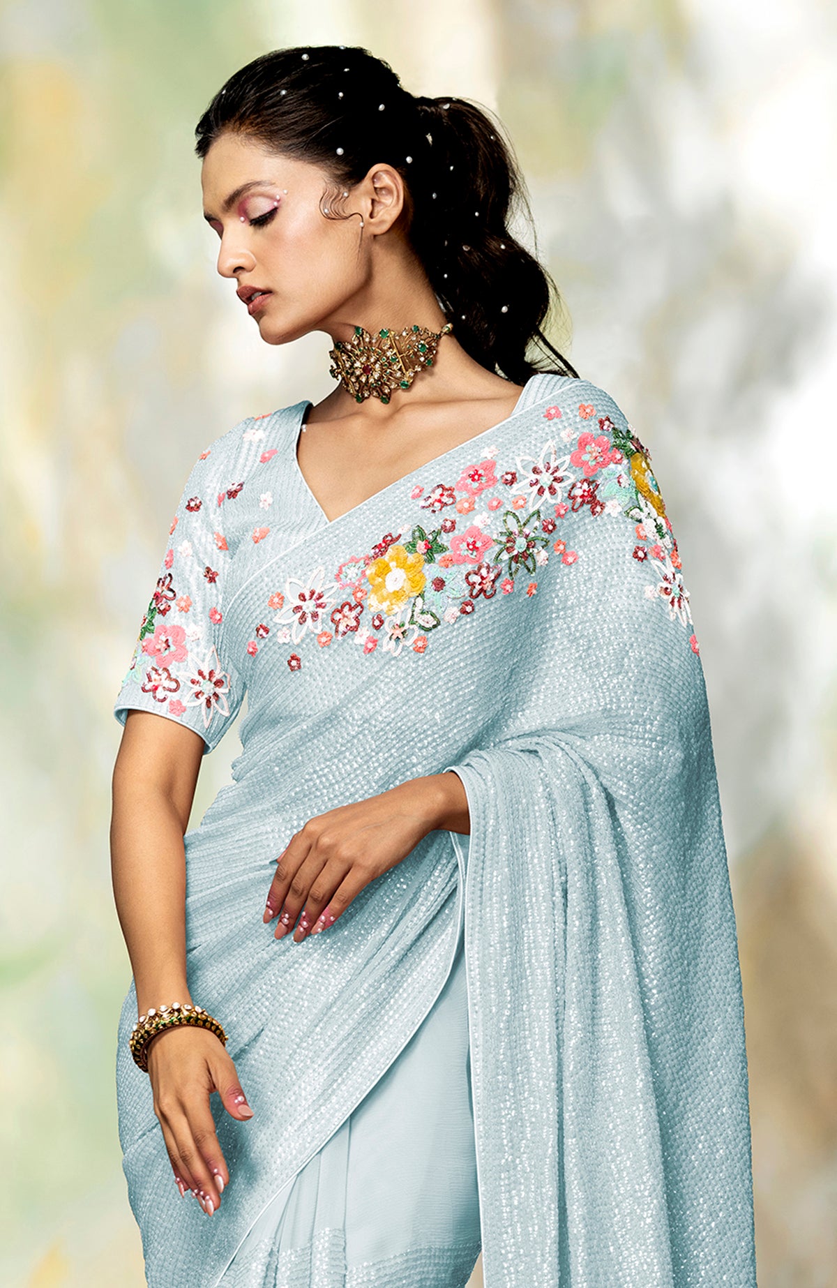 Celeste, Aqua Blue Satin Saree