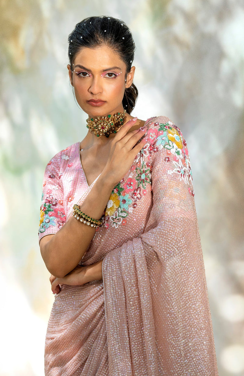 Pink Champagne Floral Sequin Hand Embroidered Saree