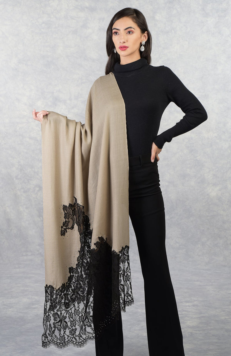 Madonna Beige-Black Chantilly & Swarovski Pure Cashmere Stole
