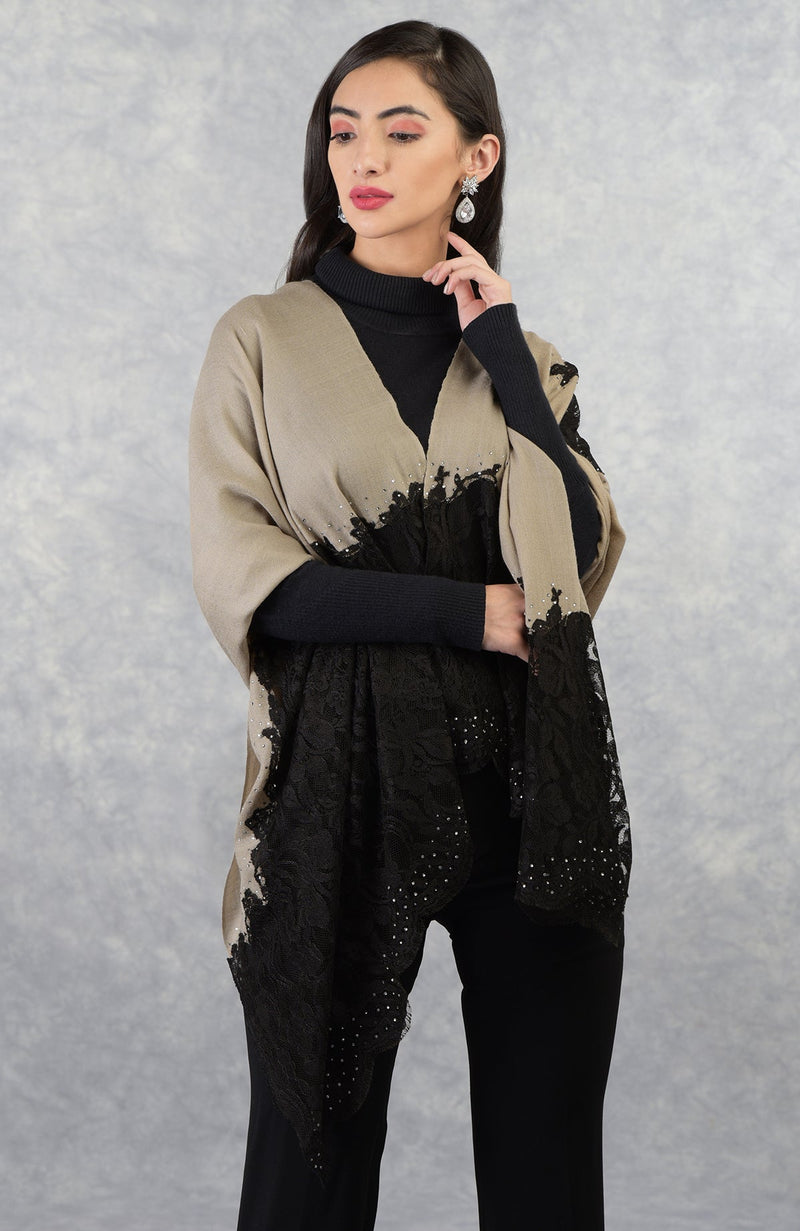 Madonna Beige-Black Chantilly & Swarovski Pure Cashmere Stole