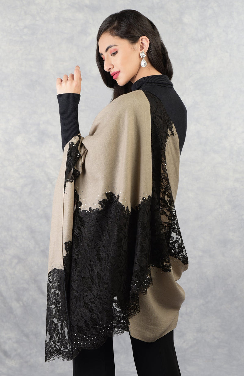 Madonna Beige-Black Chantilly & Swarovski Pure Cashmere Stole