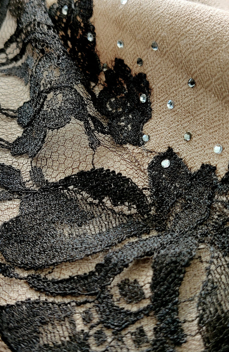 Madonna Beige-Black Chantilly & Swarovski Pure Cashmere Stole