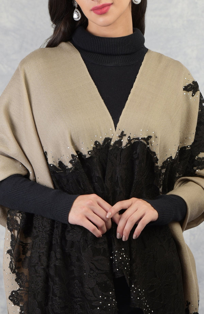 Madonna Beige-Black Chantilly & Swarovski Pure Cashmere Stole