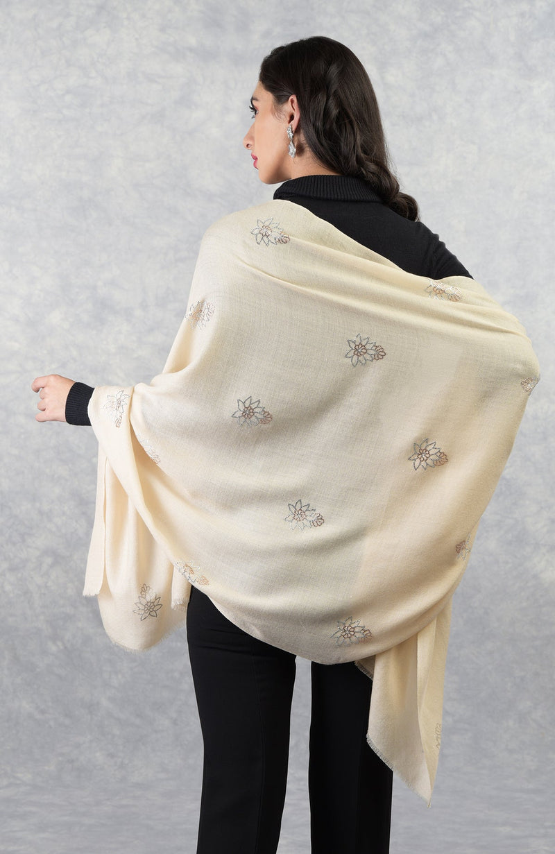 Ira Cream Floral Swarovski Pure Cashmere Stole