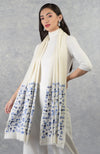 Frida Ivory-Blue Floral Embroidered Pure Cashmere Stole