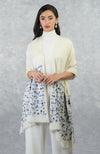 Frida Ivory-Blue Floral Embroidered Pure Cashmere Stole