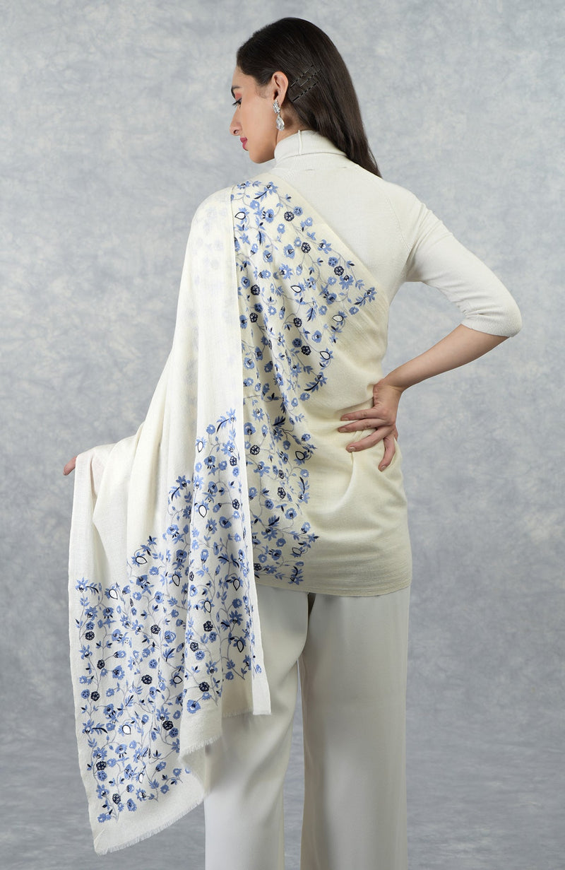 Frida Ivory-Blue Floral Embroidered Pure Cashmere Stole