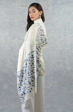 Frida Ivory-Blue Floral Embroidered Pure Cashmere Stole