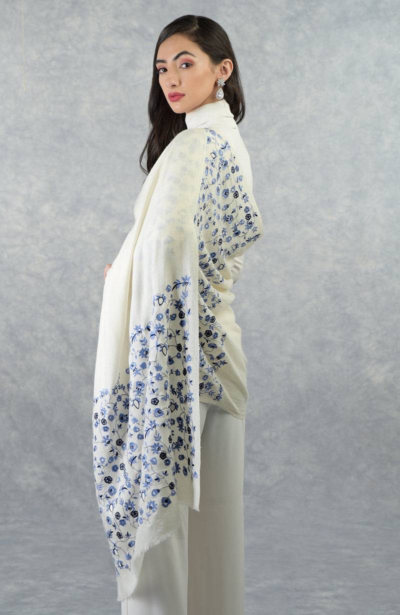 Frida Ivory-Blue Floral Embroidered Pure Cashmere Stole