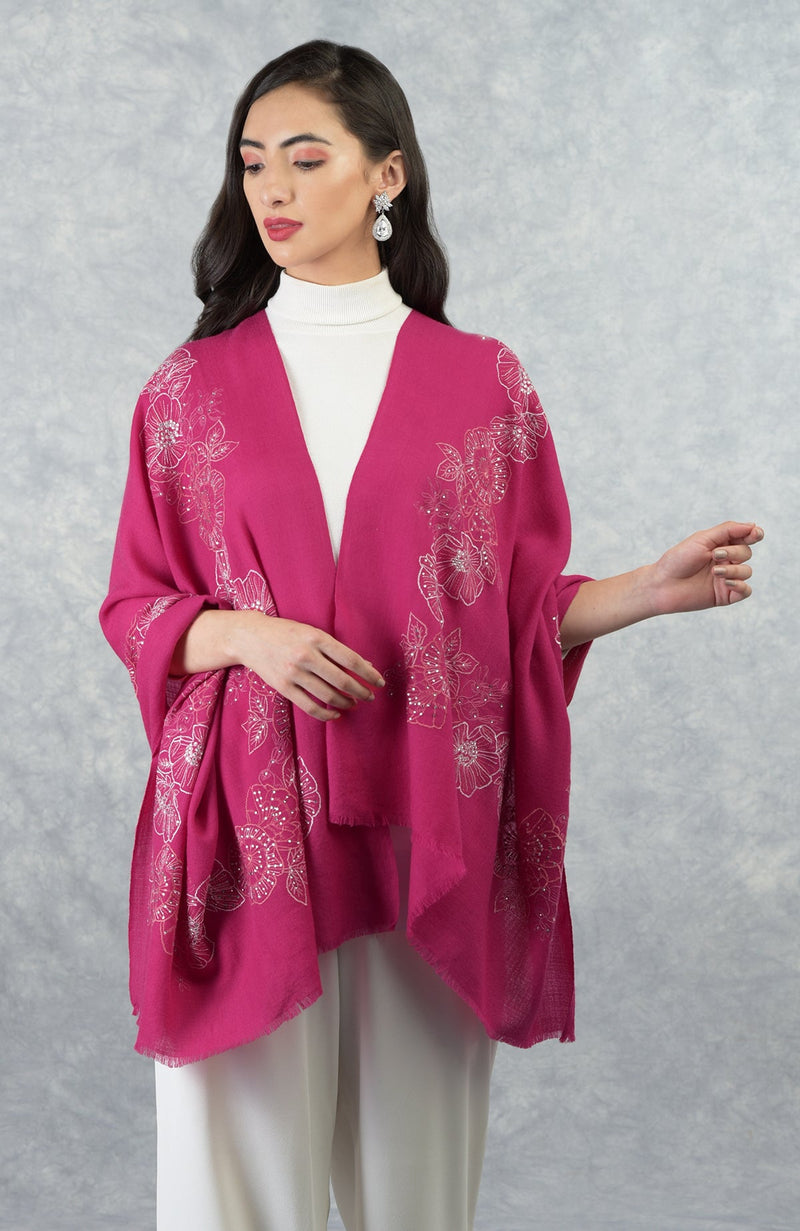 Frida Fuchsia Rose Floral Embroidered Pure Cashmere Stole