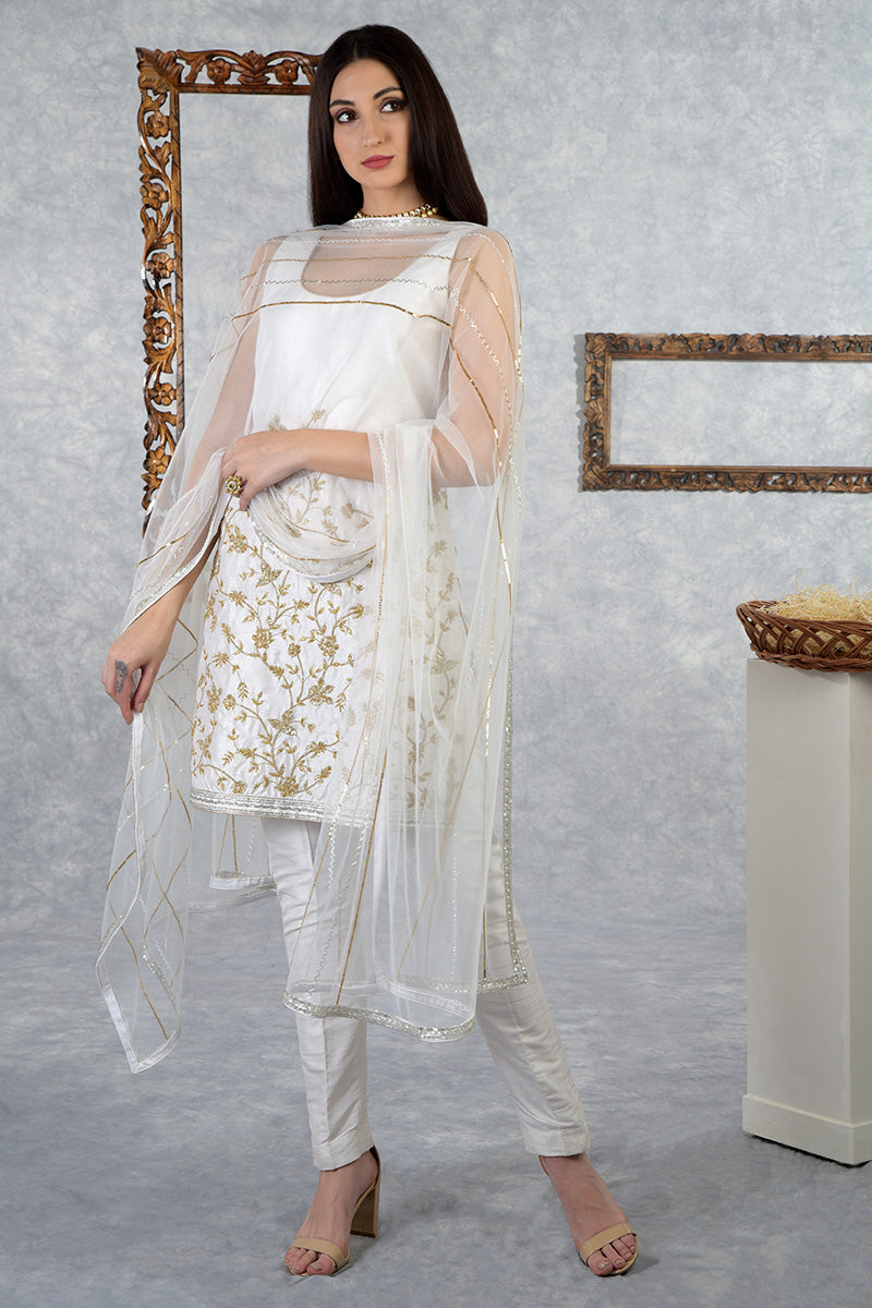 White-Gold Hand Embroidered Dupatta