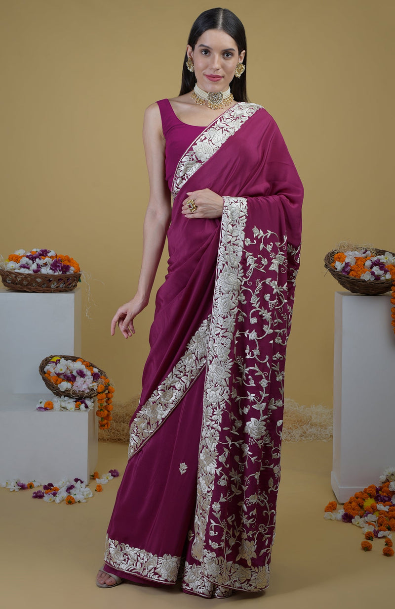 Peacock Pink Parsi Gara Hand Embroidered Saree