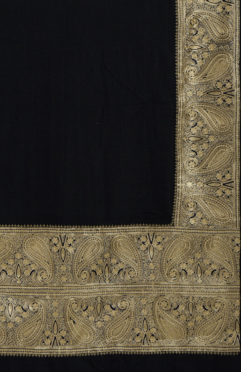 Black Pure Pashmina Gold Tilla Paisley Hand Embroidered Long Shawl