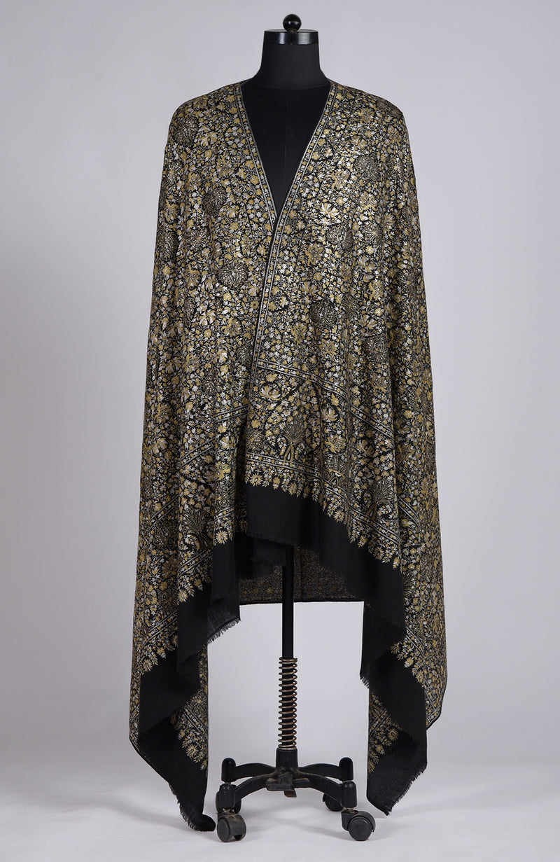 Black Masterpeice Gold and Silver Tilla Jamawar Hand Embroidered Pure Pashmina Long Shawl