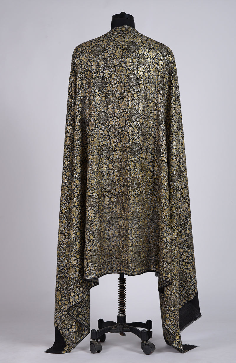 Black Masterpeice Gold and Silver Tilla Jamawar Hand Embroidered Pure Pashmina Long Shawl