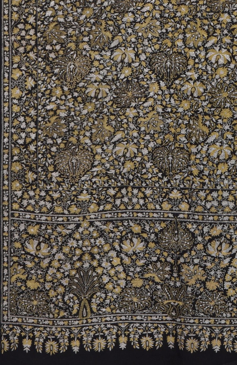 Black Masterpeice Gold and Silver Tilla Jamawar Hand Embroidered Pure Pashmina Long Shawl