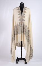 Cream Pure Pashmina Paisley Border Hand Embroidered Long Shawl