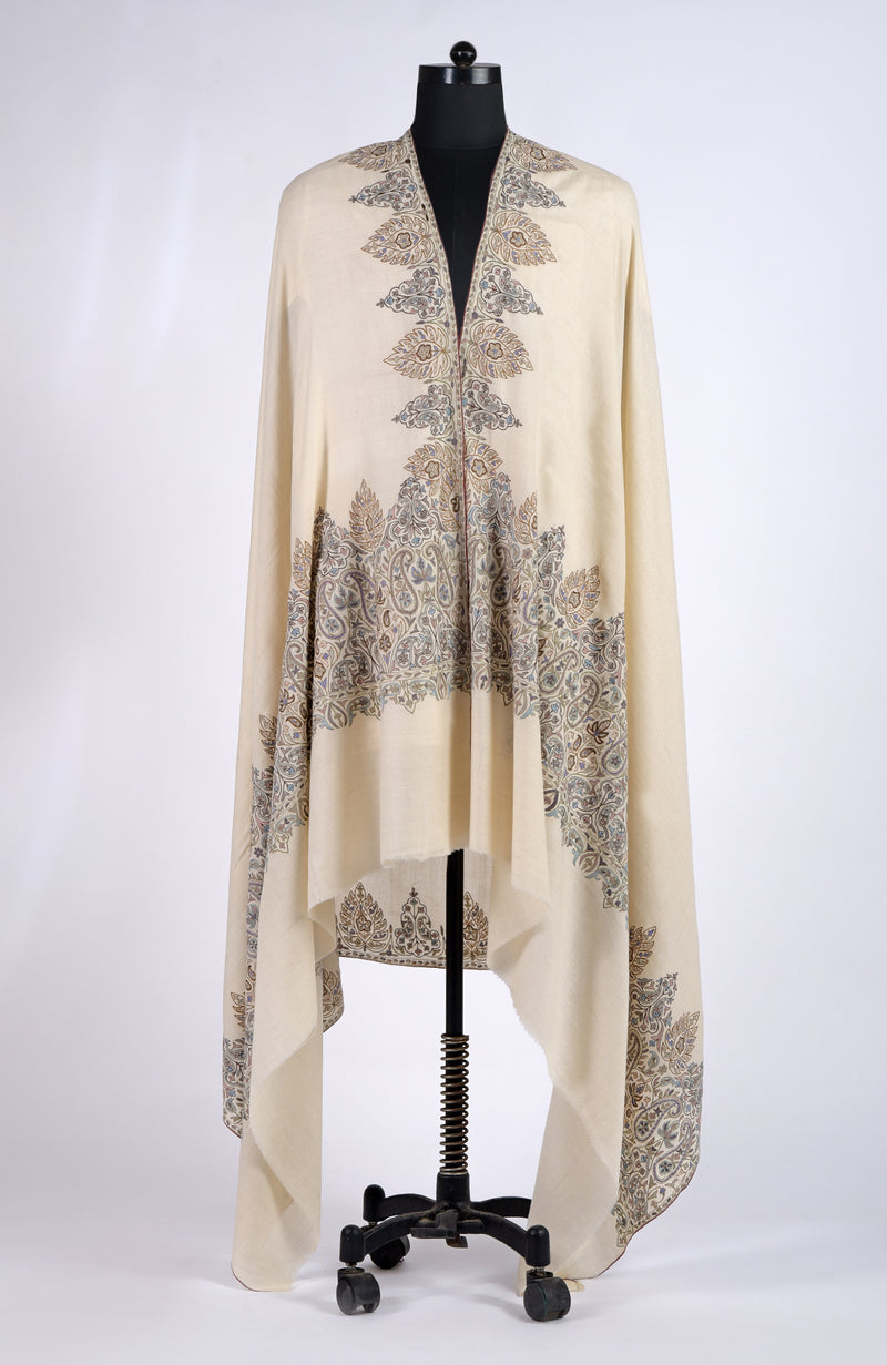 Cream Pure Pashmina Paisley Border Hand Embroidered Long Shawl