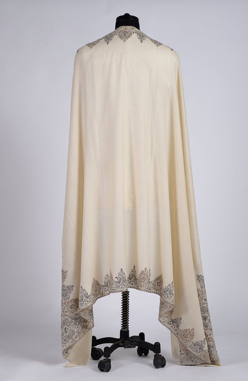 Cream Pure Pashmina Paisley Border Hand Embroidered Long Shawl