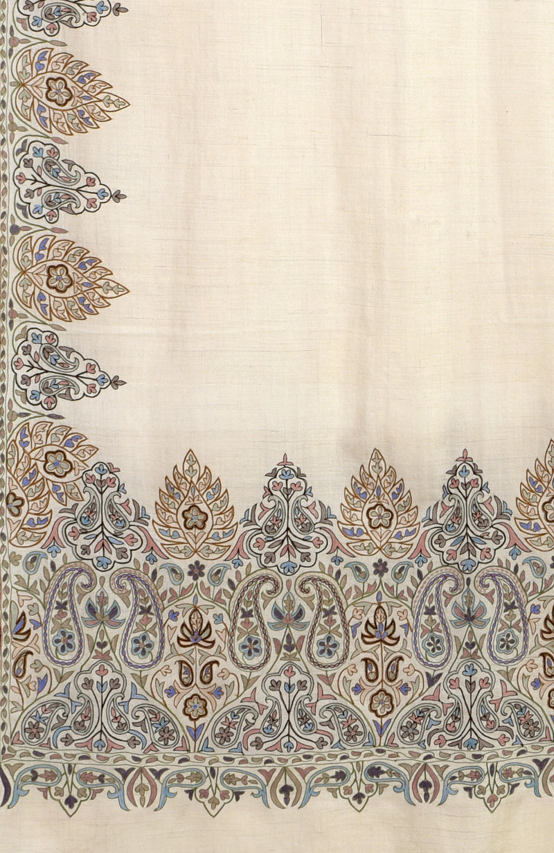 Cream Pure Pashmina Paisley Border Hand Embroidered Long Shawl