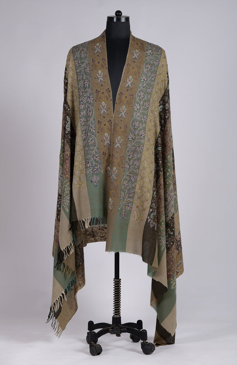 Camel Beige Sozni Hand Embroidered Pure Pashmina Long Shawl