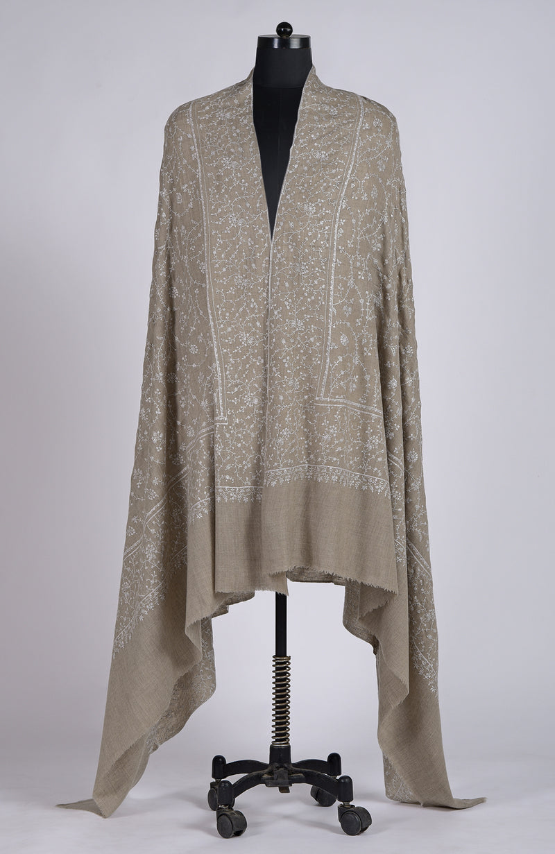 Beige Sozni Hand Embroidered Pure Pashmina Long Shawl