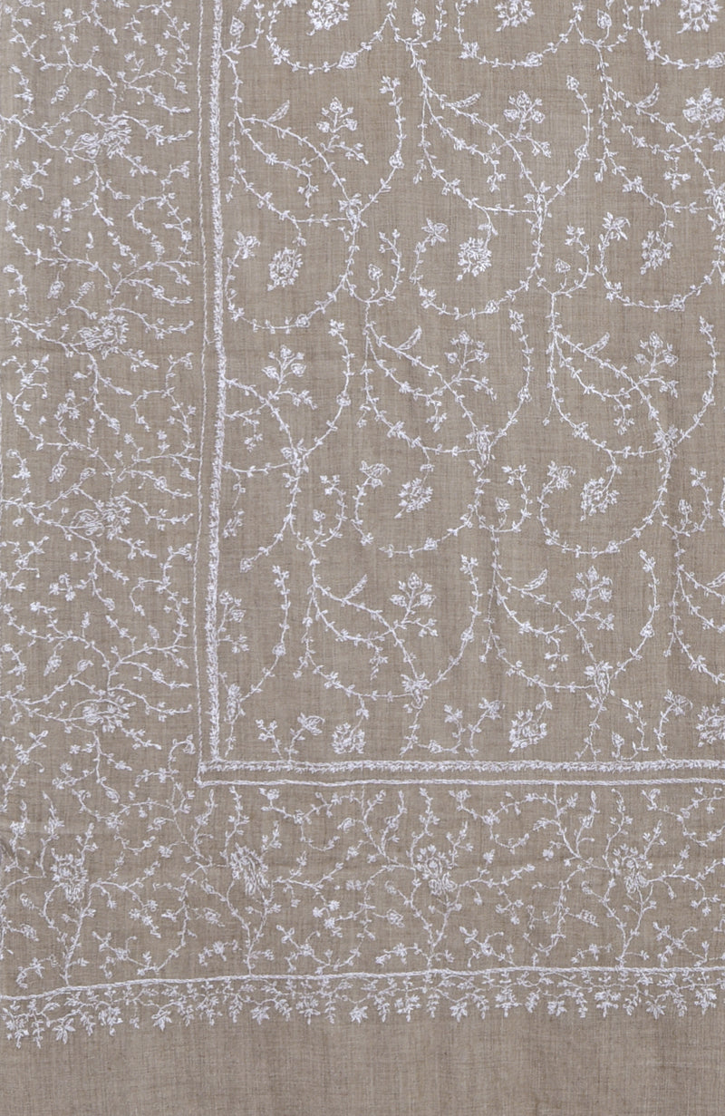 Beige Sozni Hand Embroidered Pure Pashmina Long Shawl