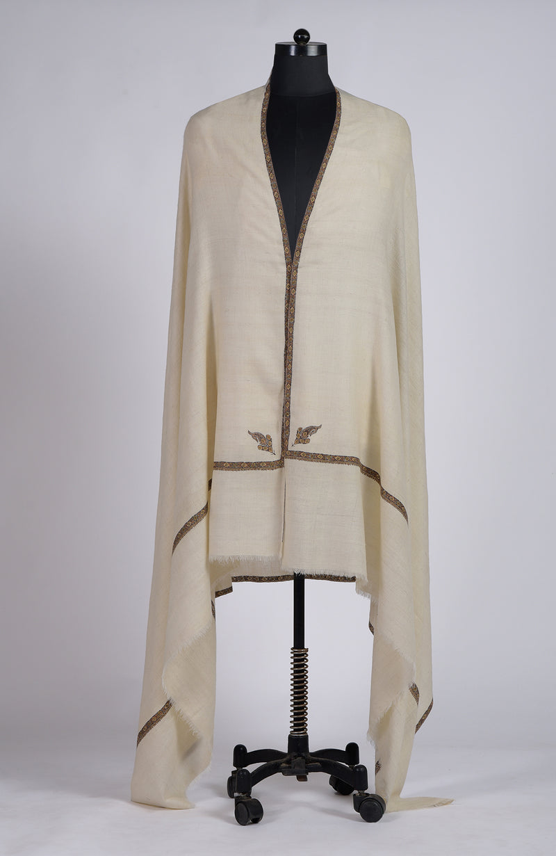 Off White Sozni Hand Embroidered Pure Pashmina Long Shawl