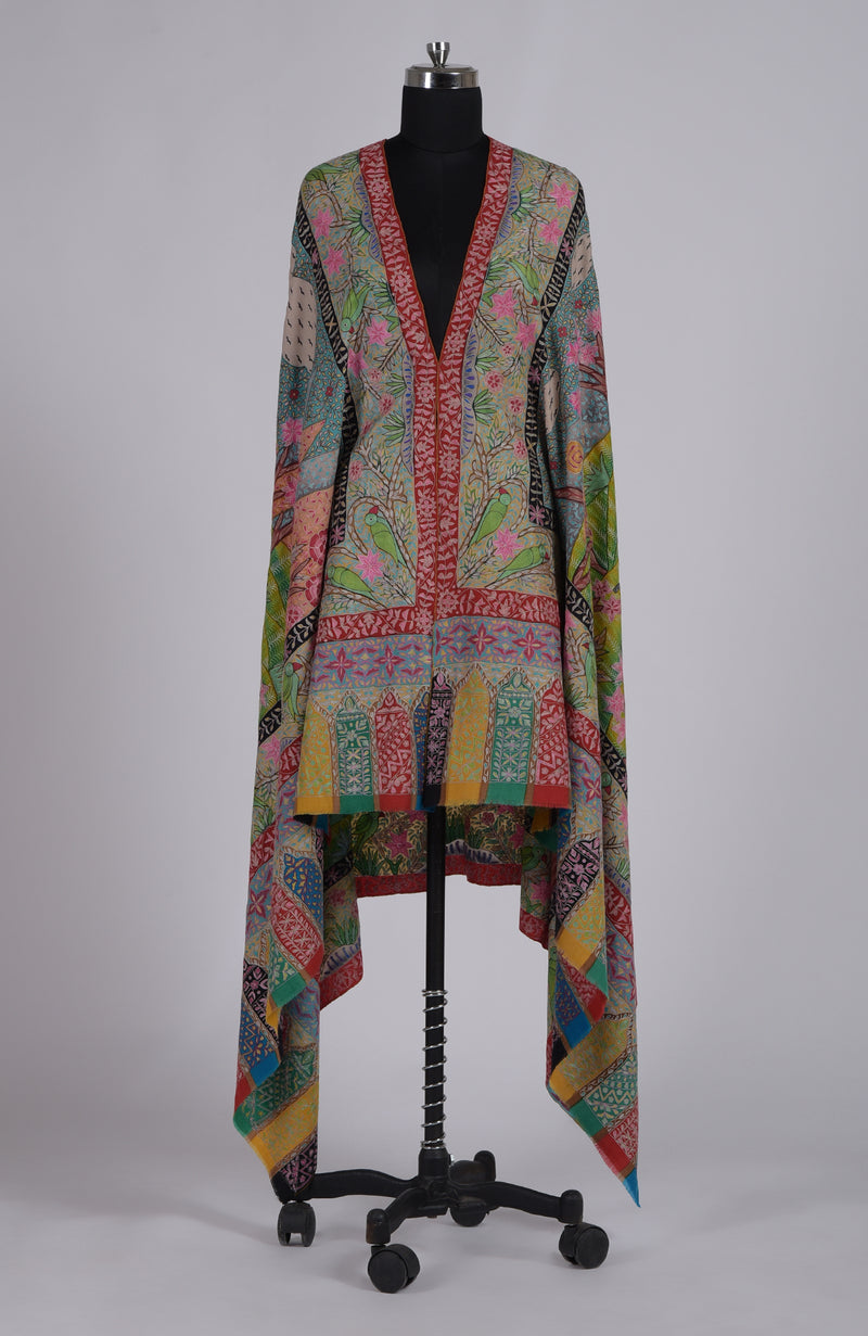 Multi-colour Shikargah Kalamkari and Sozni Hand Embroidered Pure Pashmina Shawl