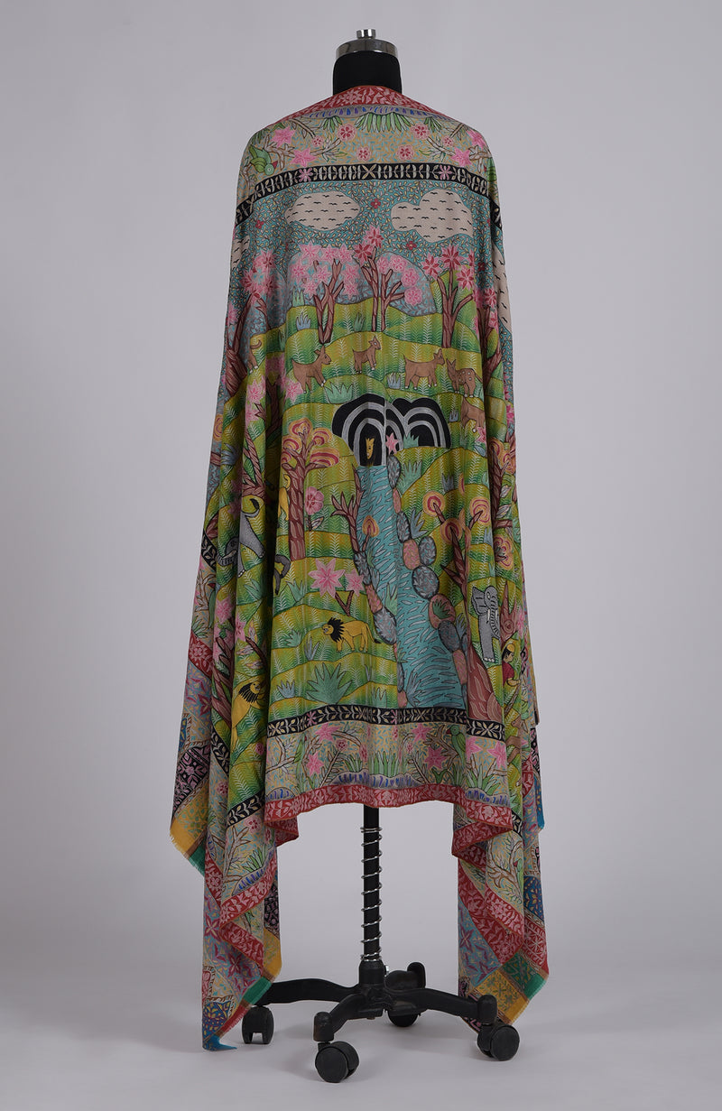 Multi-colour Shikargah Kalamkari and Sozni Hand Embroidered Pure Pashmina Shawl