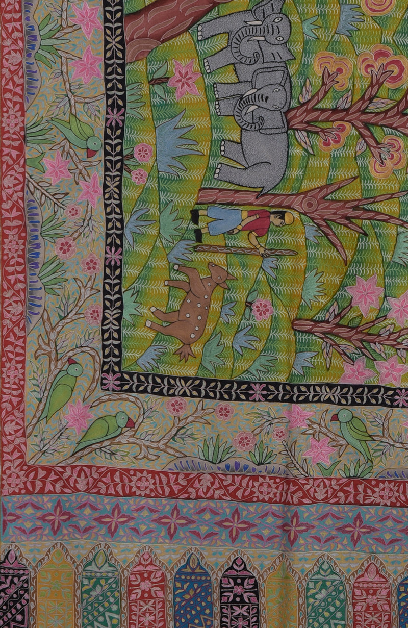 Multi-colour Shikargah Kalamkari and Sozni Hand Embroidered Pure Pashmina Shawl