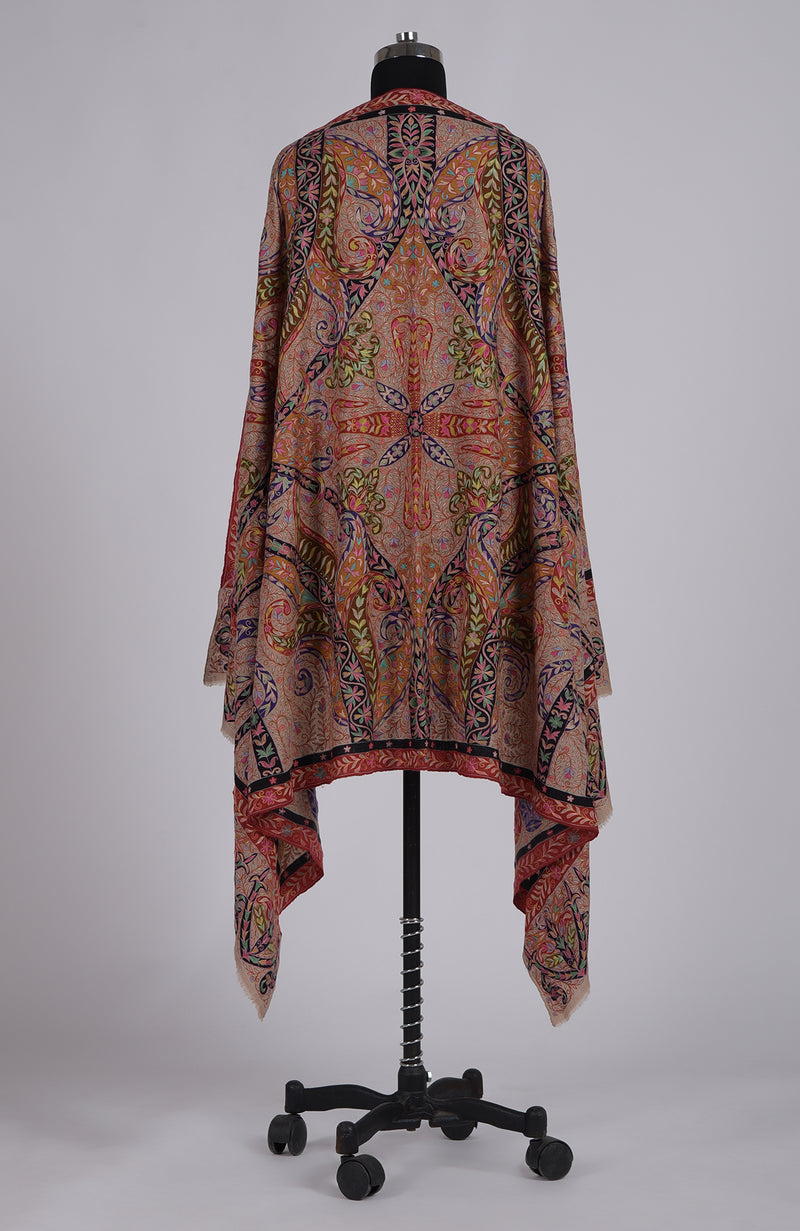 Beige Kalamkari and Sozni Hand Embroidered Pure Pashmina Shawl