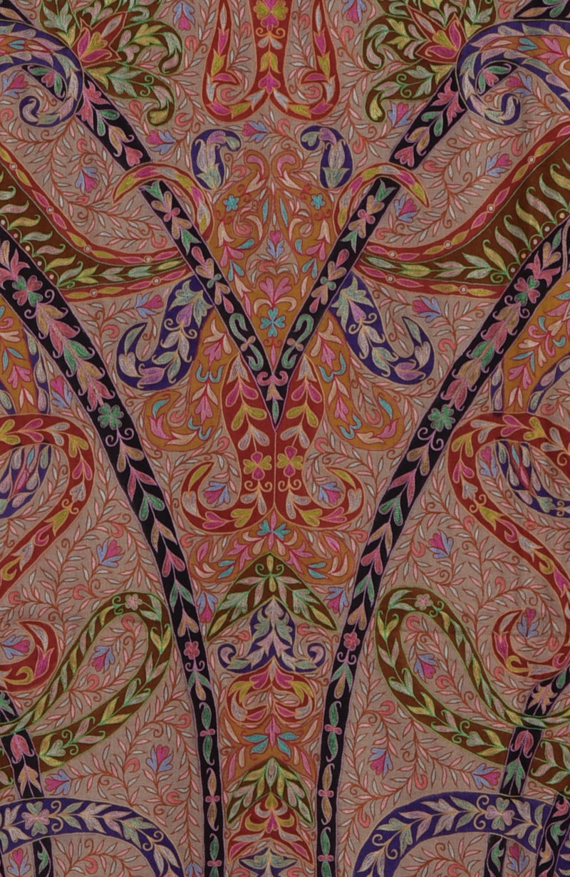Beige Kalamkari and Sozni Hand Embroidered Pure Pashmina Shawl