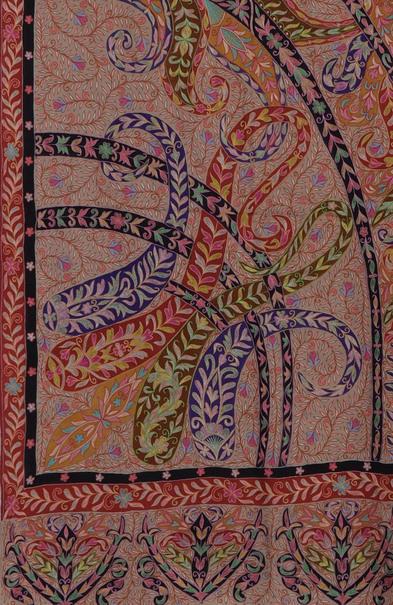 Beige Kalamkari and Sozni Hand Embroidered Pure Pashmina Shawl