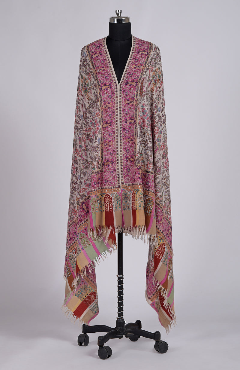 Light Cream Kalamkari and Sozni Hand Embroidered Pure Pashmina Shawl