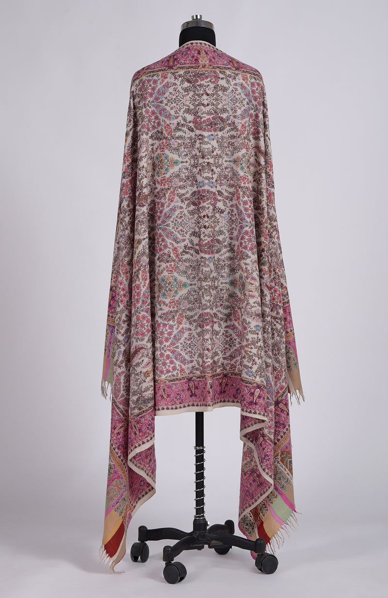 Light Cream Kalamkari and Sozni Hand Embroidered Pure Pashmina Shawl