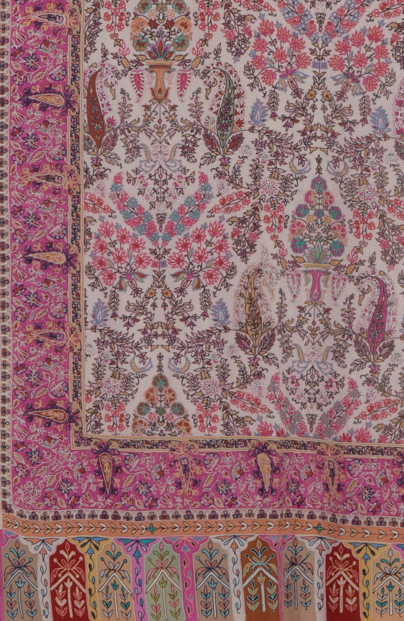 Light Cream Kalamkari and Sozni Hand Embroidered Pure Pashmina Shawl