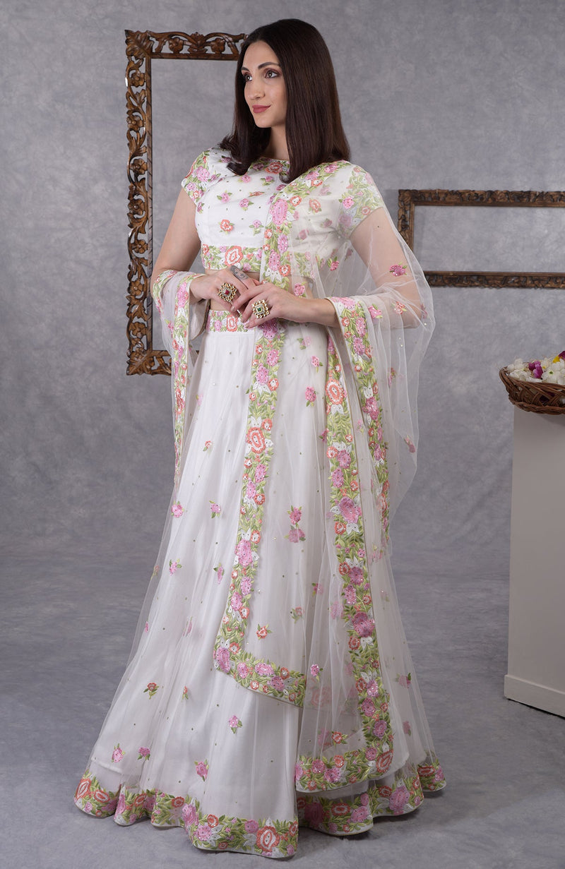 Pearl White Resham Embroidered Lehenga Set With Dupatta