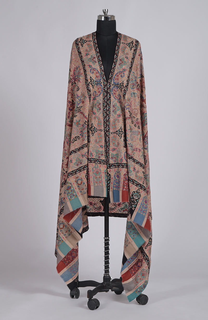 Light Beige Kalamkari and Sozni Hand Embroidered Pure Pashmina Shawl