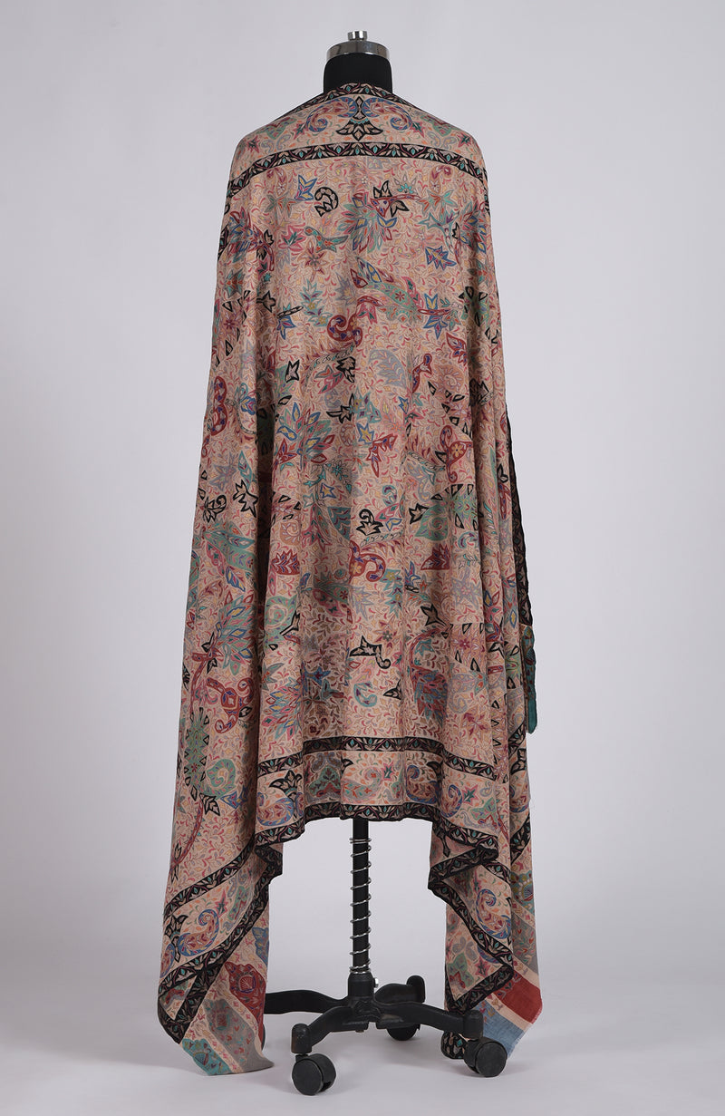 Light Beige Kalamkari and Sozni Hand Embroidered Pure Pashmina Shawl