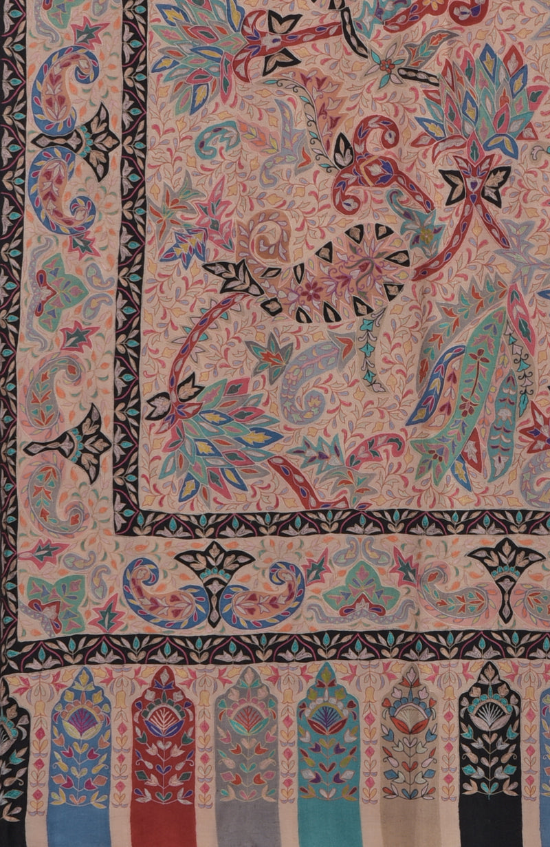 Light Beige Kalamkari and Sozni Hand Embroidered Pure Pashmina Shawl