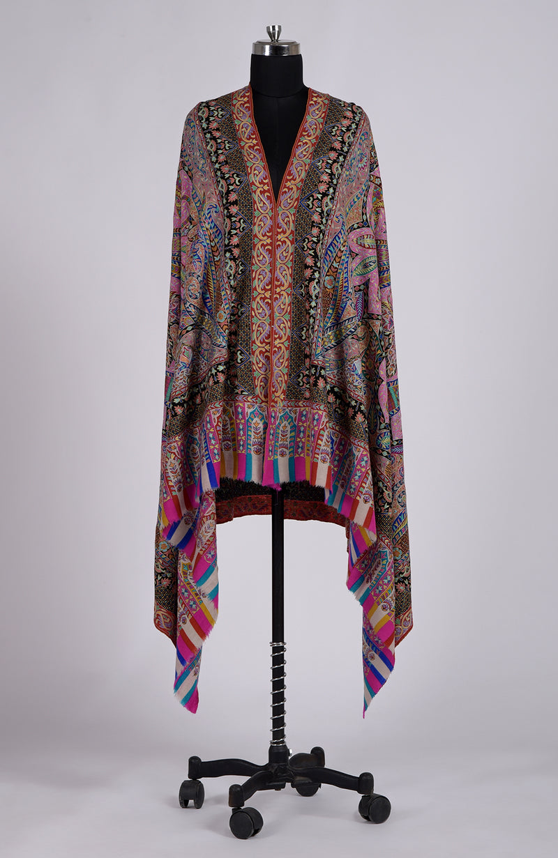 Multi-colour Kalamkari and Sozni Hand Embroidered Pure Pashmina Shawl