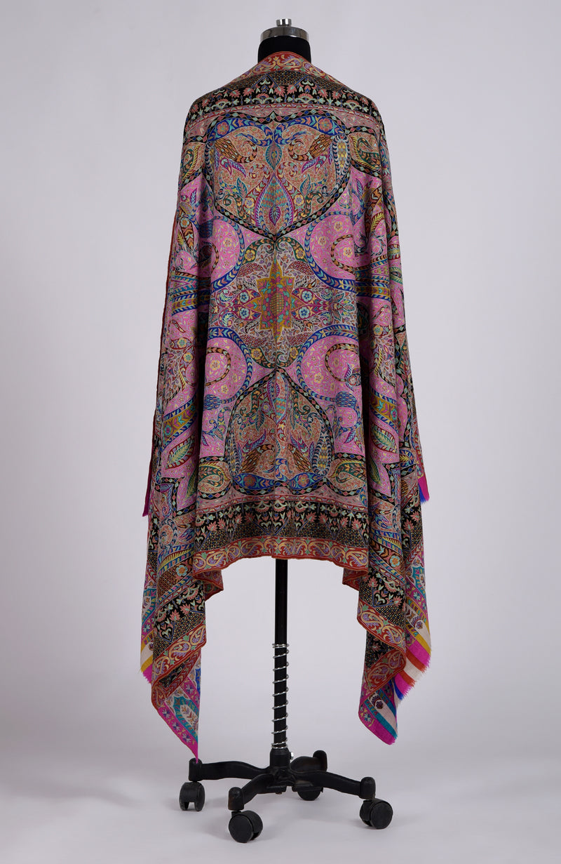 Multi-colour Kalamkari and Sozni Hand Embroidered Pure Pashmina Shawl