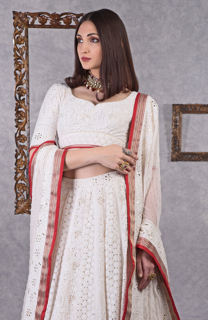 Ivory Chikankari-Kamdani Embroidered Lehenga Set